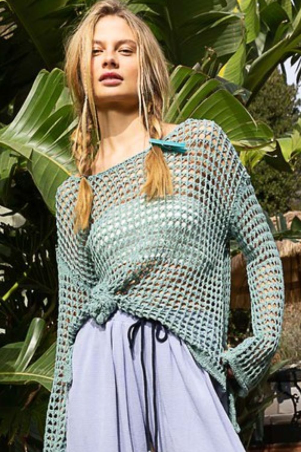 POL Side Slit Openwork Long Sleeve Knit Cover Up - felvior