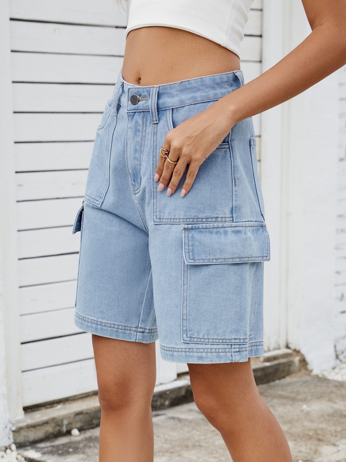 High Waist Denim Shorts with Cargo Pockets - felvior