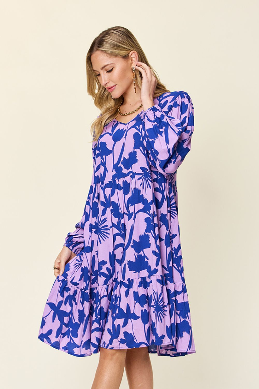 Double Take Full Size Printed Ruffle Hem Dress with Pocket - felvior