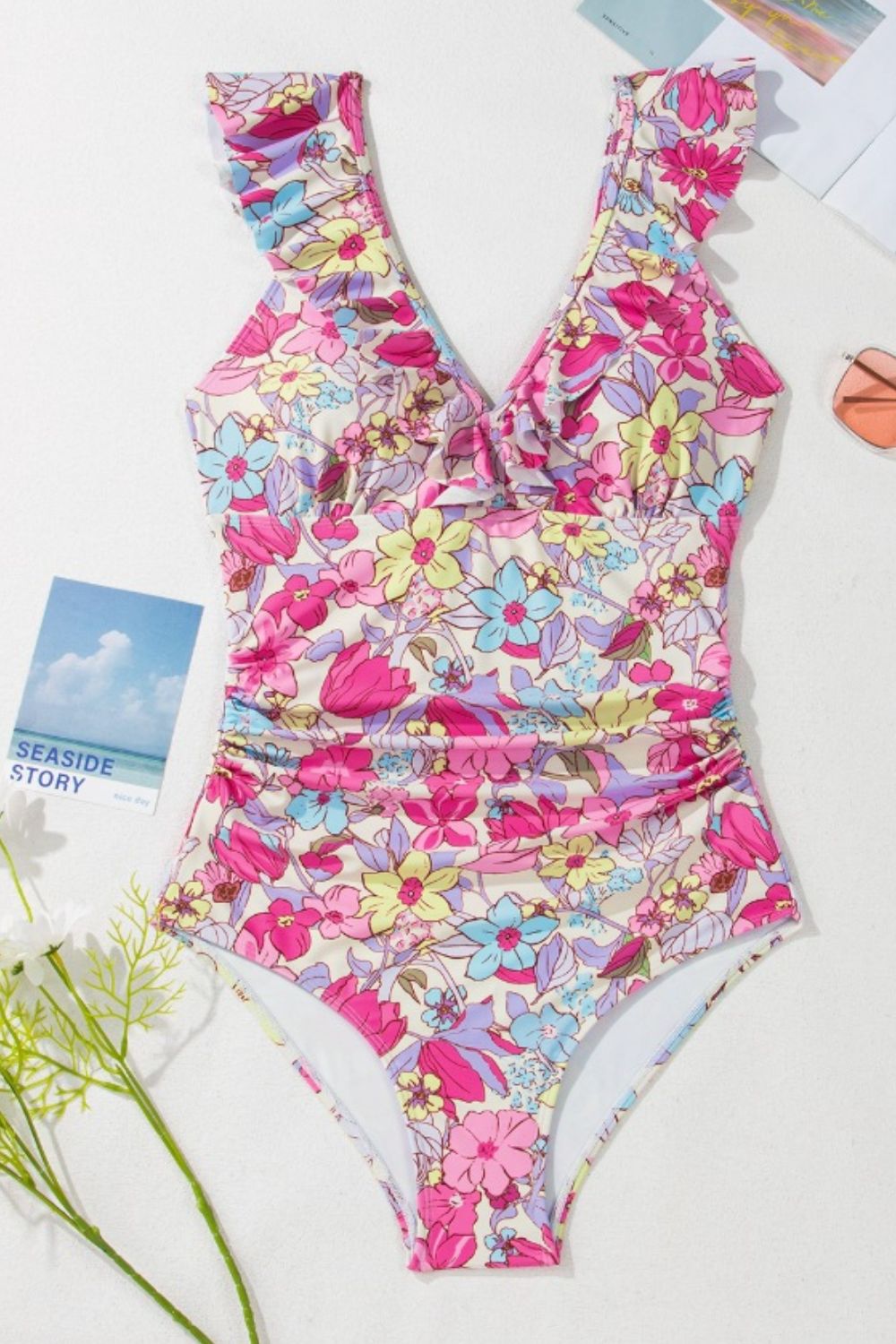 Floral Ruffle Trim Tummy Control One Piece Swimsuit - felvior