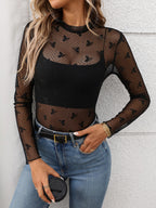 Floral Mock Neck Long Sleeve Mesh Top