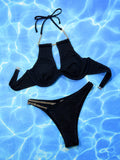 Halter Neck Chain Detail Two-Piece Bikini Set - felvior