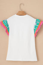 Ruffled Round Neck Cap Sleeve Top