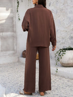 Devine Collared Neck Long Sleeve Top and Pants Set
