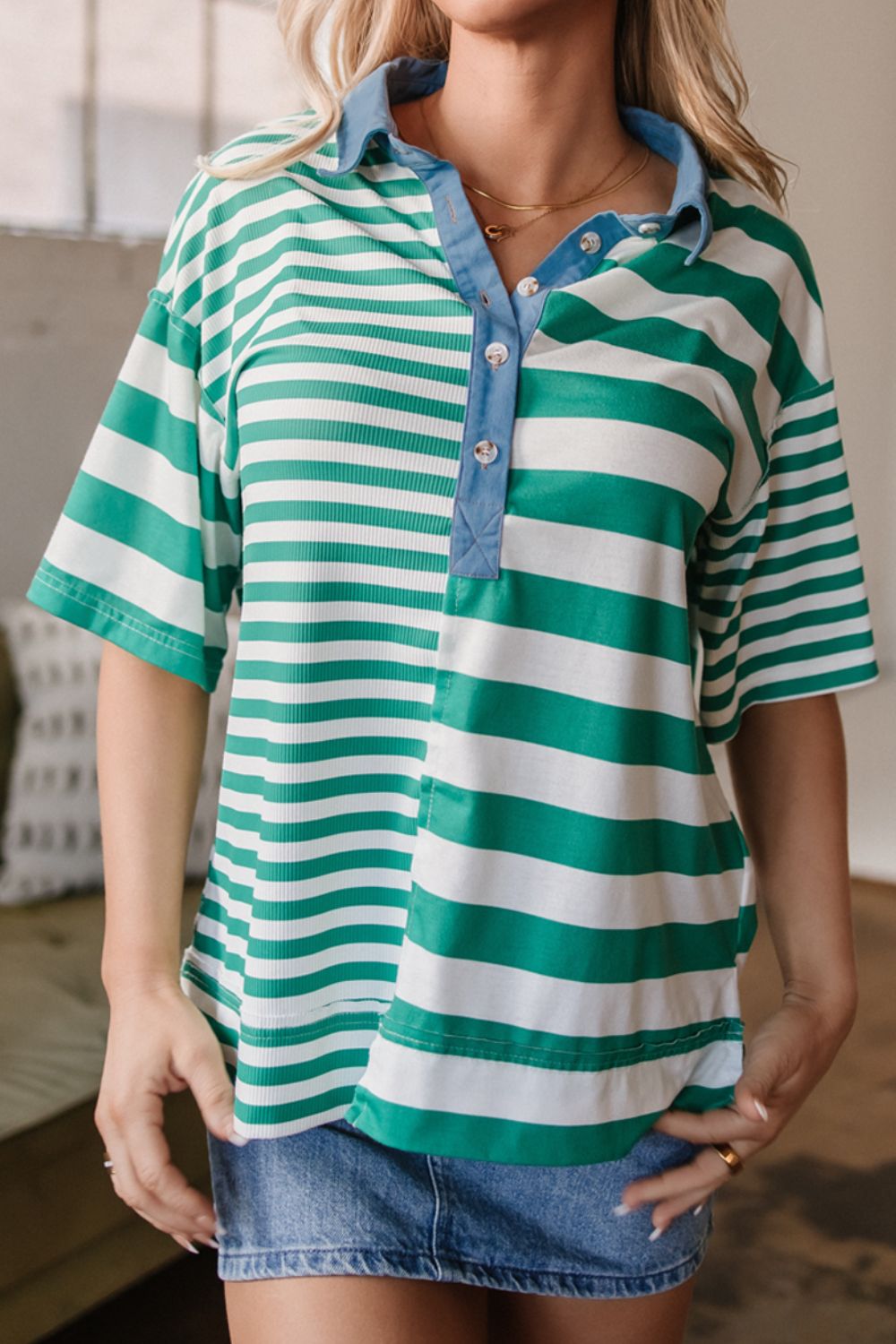 Stripe Colorblock Collar Half Button Shirt - felvior