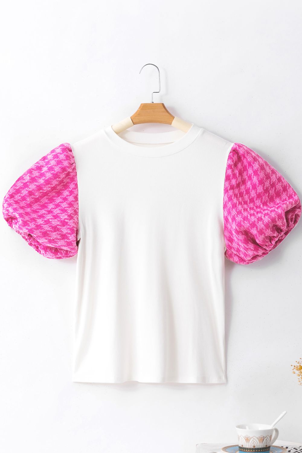 Round Neck Contrast Tweed Puff Sleeve Top - felvior