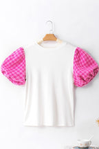 Round Neck Contrast Tweed Puff Sleeve Top