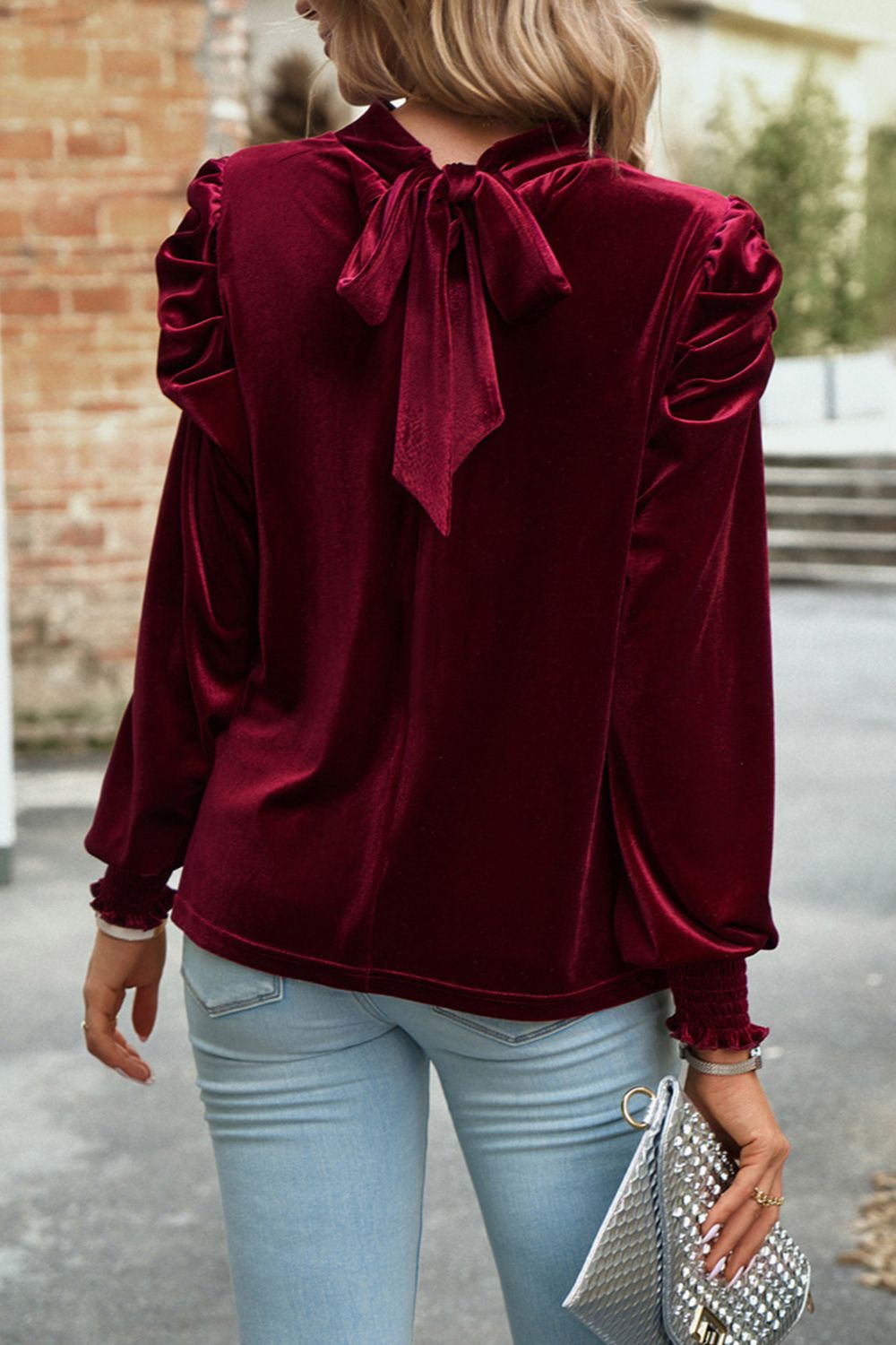 Tie Up Mock Neck Velvet Fabric Long Sleeve Blouse - felvior