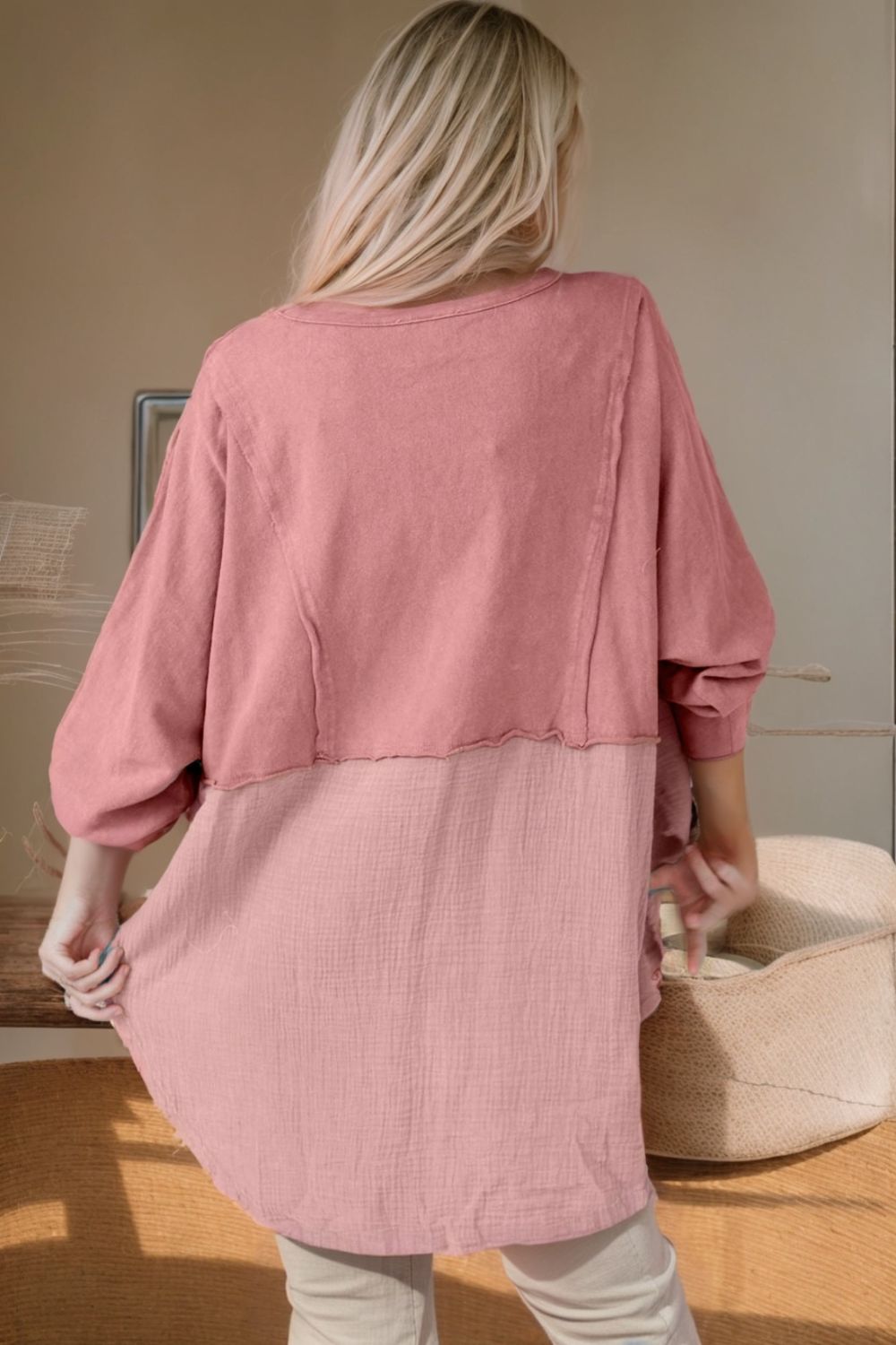 Contrast Texture Round Neck Long Sleeve Blouse - felvior