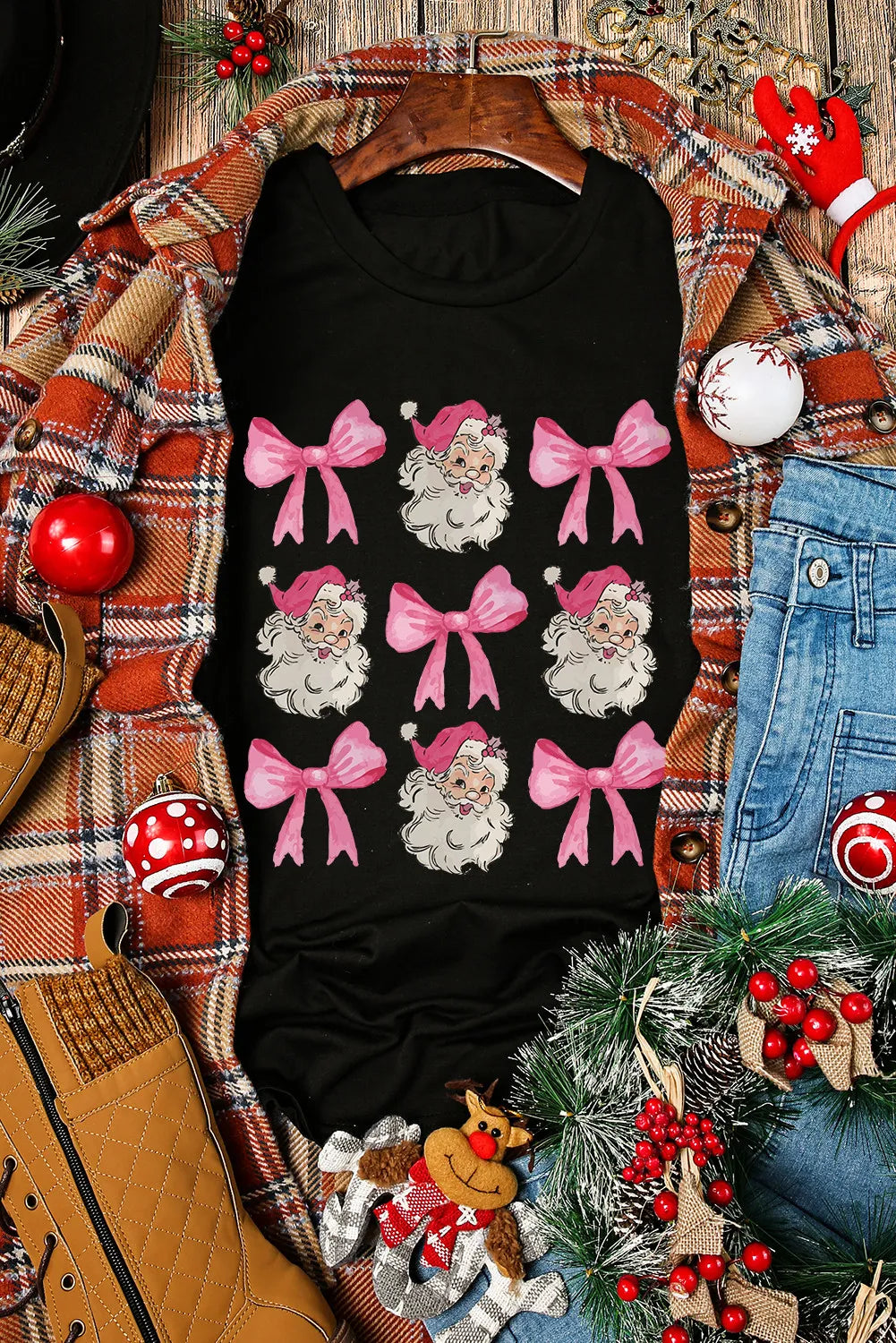 Santa & Bow Graphic Round Neck Short Sleeve T-Shirt - felvior
