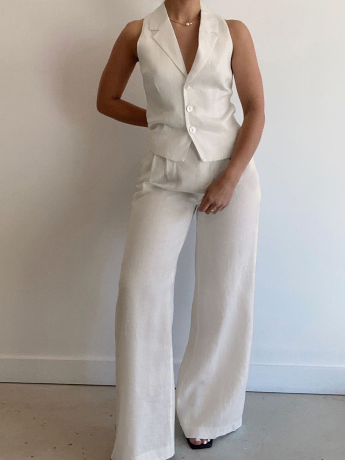 Devine Lapel Collar Sleeveless Top and Pants Set