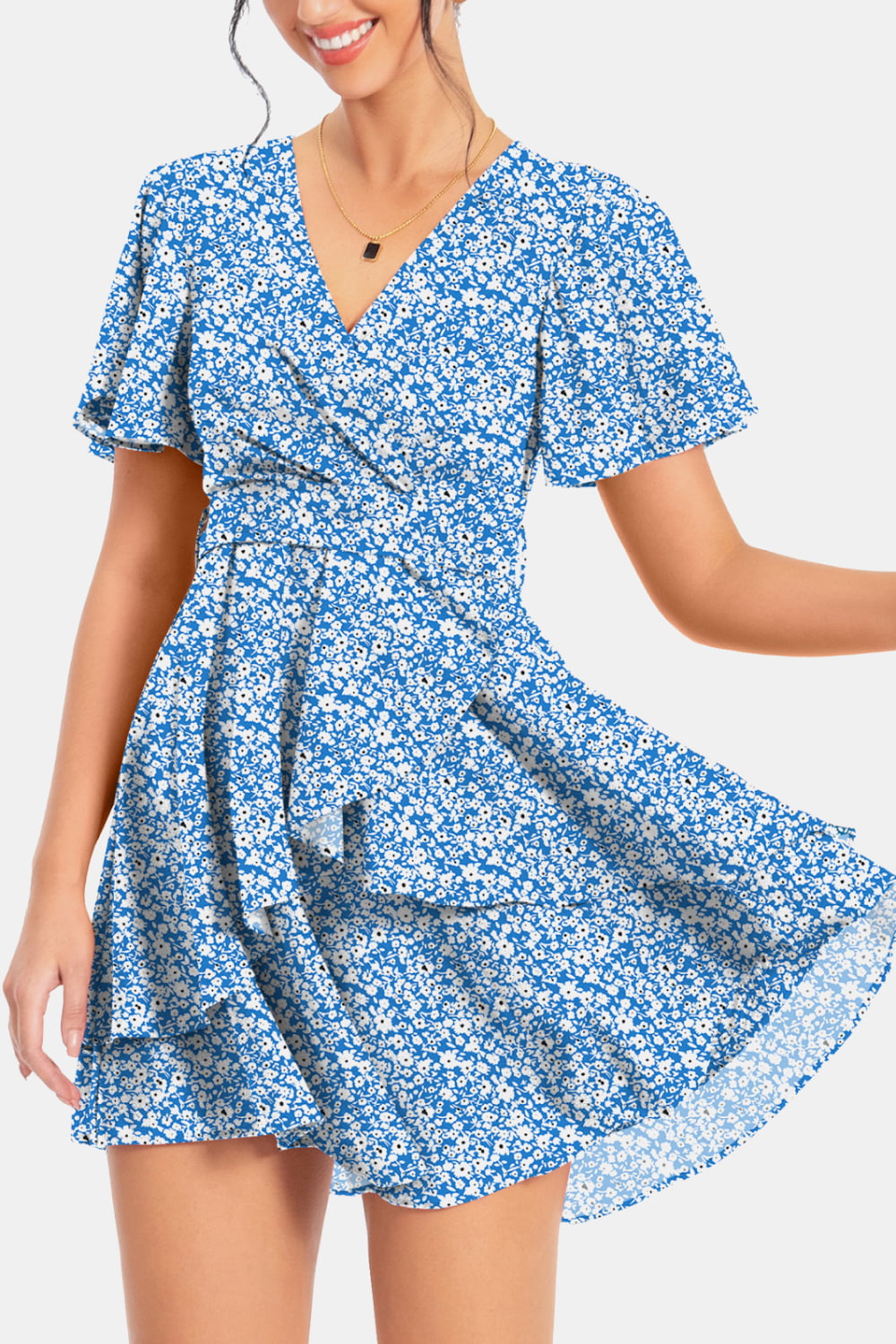 Surplice Neck Flutter Sleeve Dress - felvior