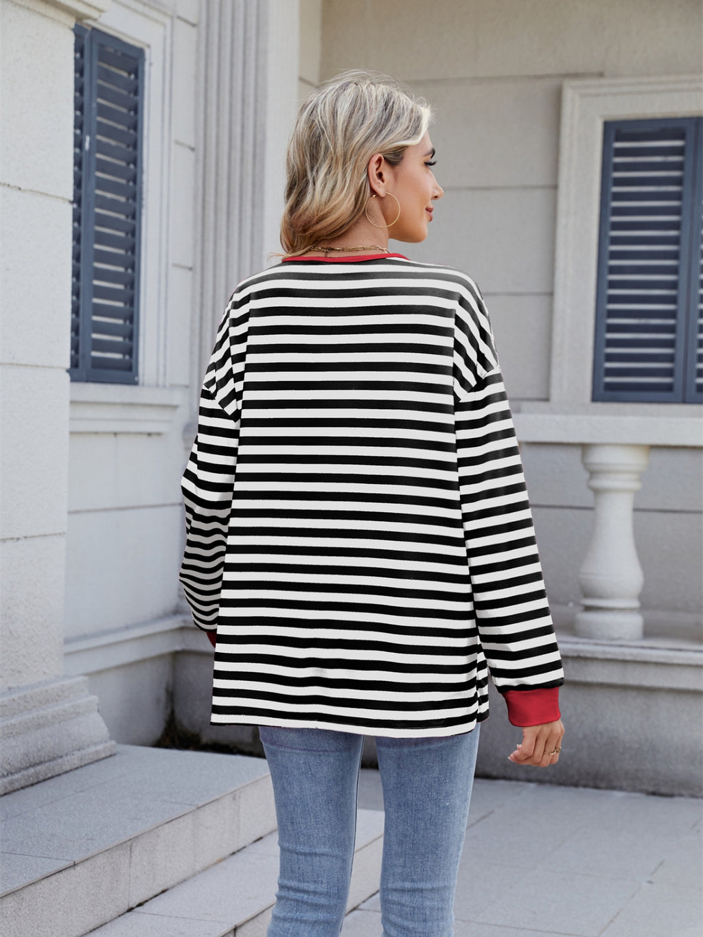 Lace-Up Striped Long Sleeve T-Shirt