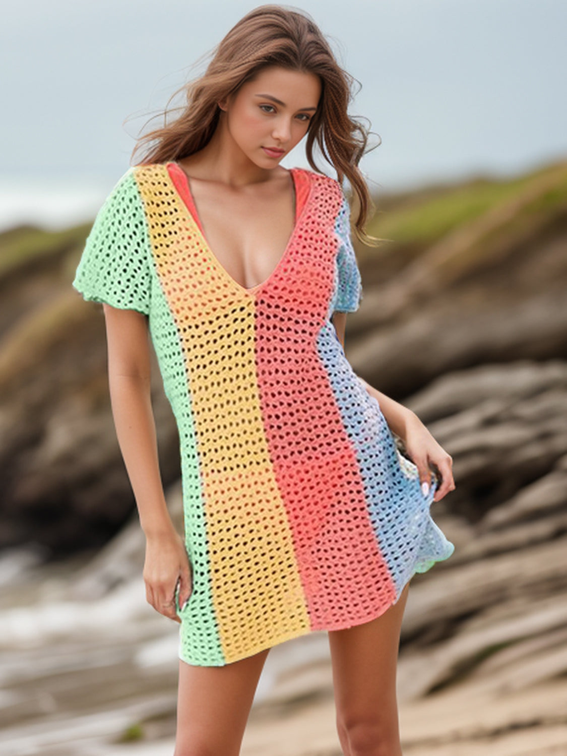 Openwork Color Block V-Neck Short Sleeve Cover-Up - felvior