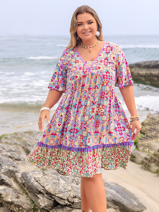 Plus Size Lace Detail Printed Half Sleeve Dress - felvior