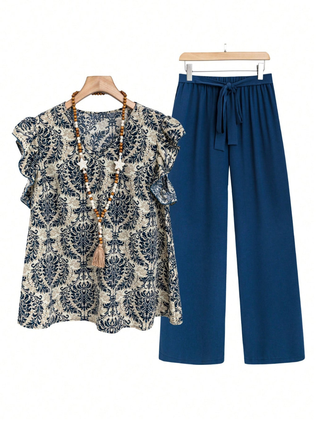 Printed Ruffled Cap Sleeve Top and Pants Set