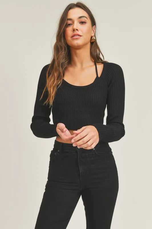 MABLE Long Sleeve Crop Sweater Top and Inner Bra Set - felvior