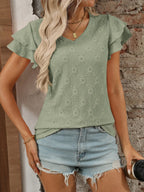 Eyelet V-Neck Ruffled Cap Sleeve Top