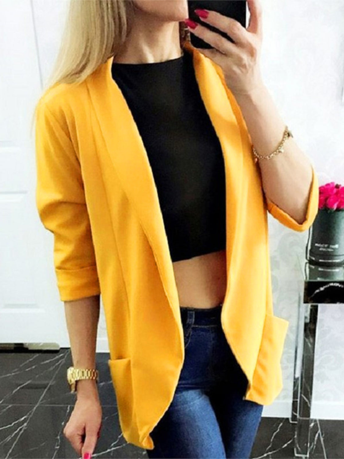 Collared Neck Long Sleeve Blazer - felvior