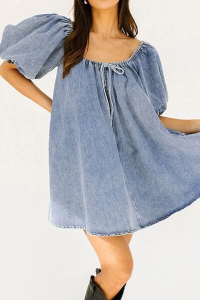 Bubble Sleeve Square Neck Denim Babydoll Dress - felvior