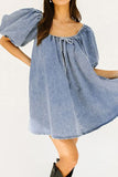 Bubble Sleeve Square Neck Denim Babydoll Dress - felvior