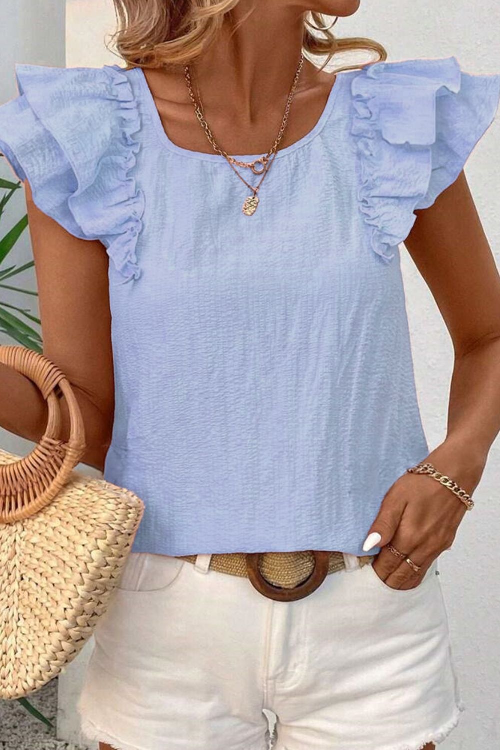 Bow Back Ruffled Cap Sleeve Blouse