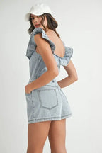 MABLE Off Shoulder Ruffle Detail Denim Romper