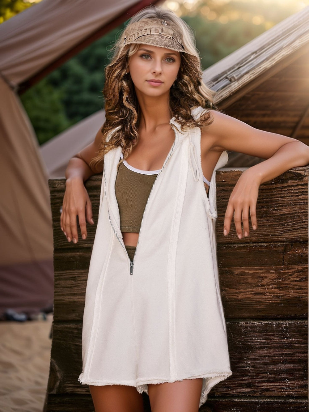 Half Zipped Hooded Sleeveless Romper