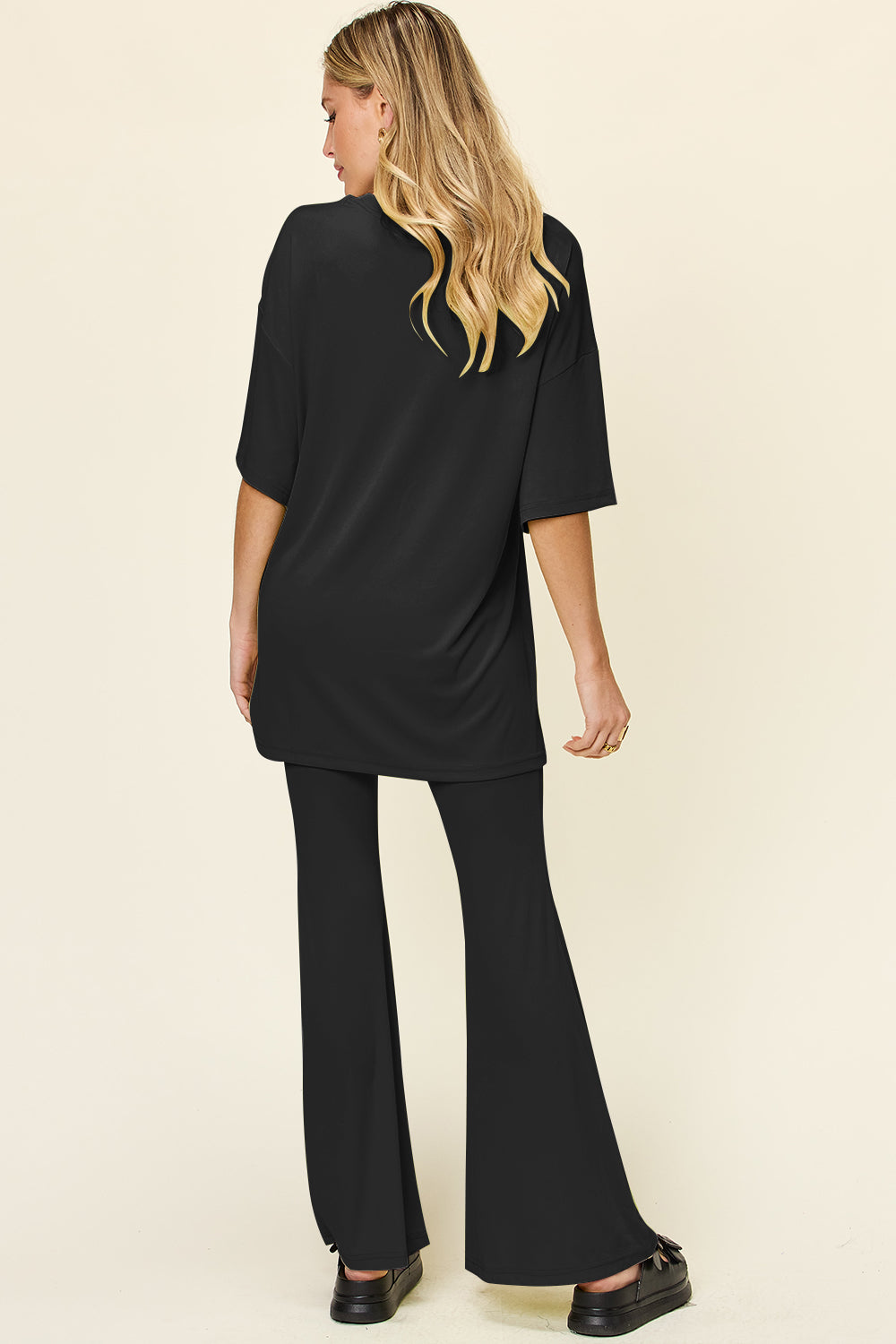 Double Take Full Size Round Neck Drop Shoulder T-Shirt and Flare Pants Set - felvior