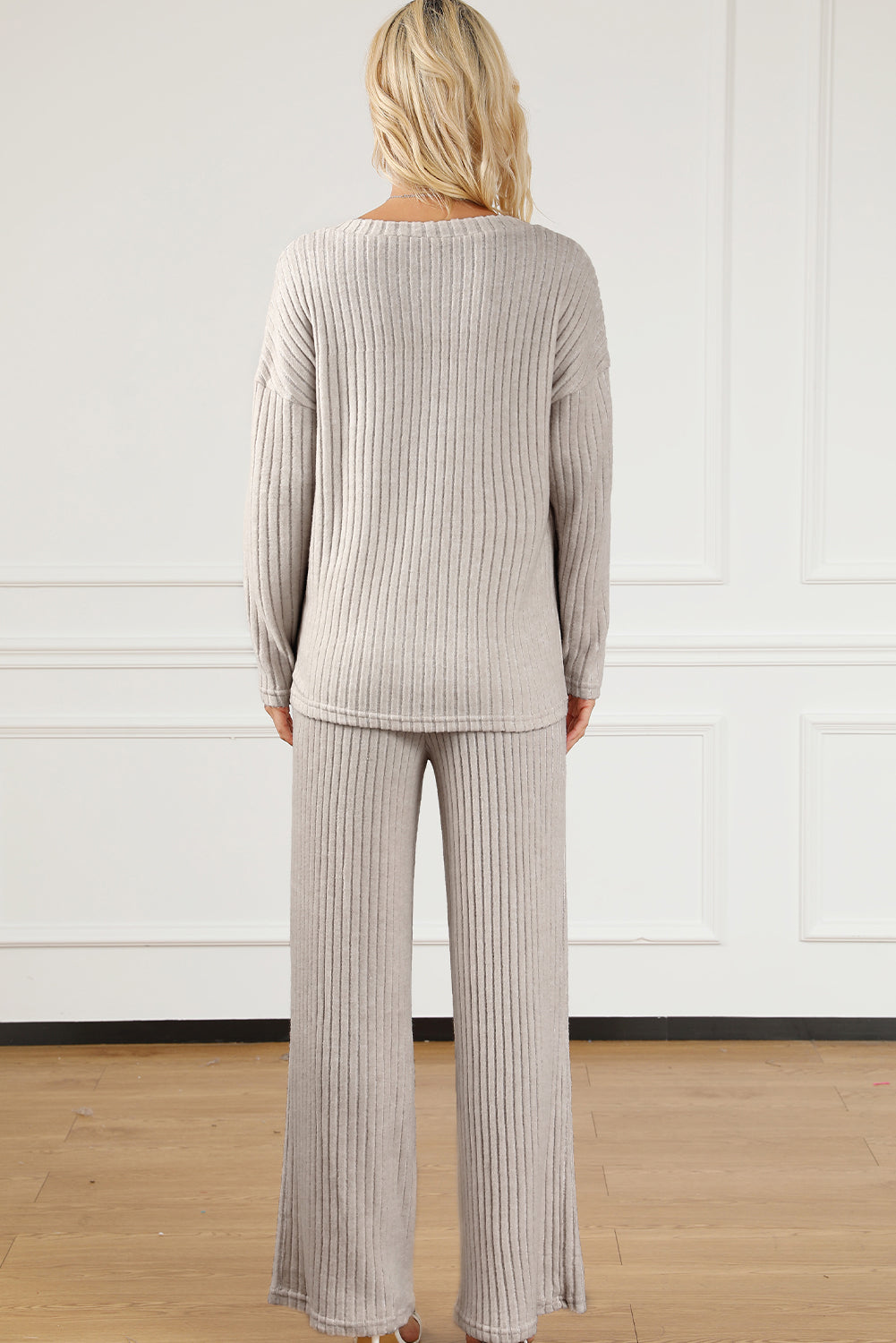 Ribbed V-Neck Top and Pants Lounge Set - felvior