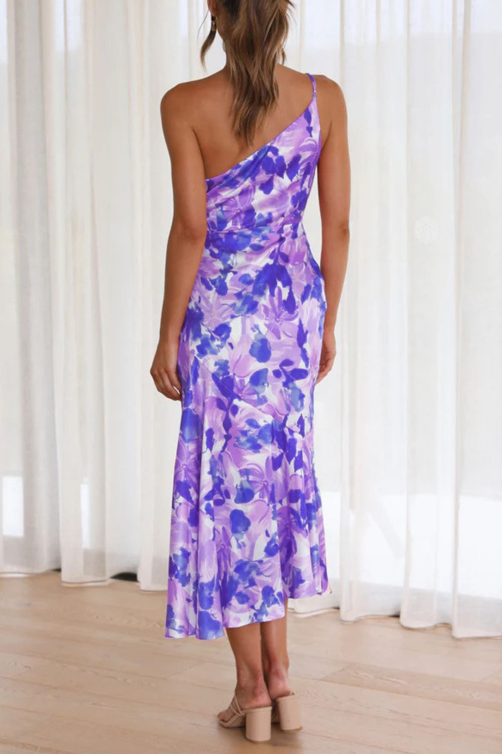 Ruched Printed Single Shoulder Midi Dress - felvior