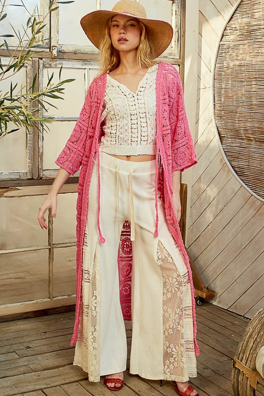 POL Tied Crochet 3/4 Sleeve Longline Cardigan - felvior