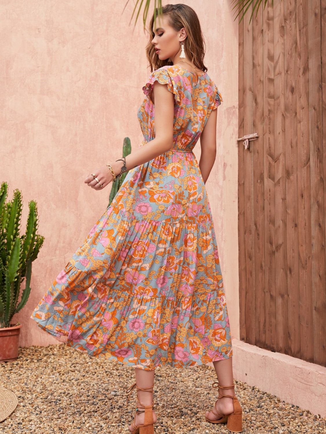 Ruffled Printed V-Neck Cap Sleeve Tiered Dress - felvior