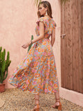 Ruffled Printed V-Neck Cap Sleeve Tiered Dress - felvior