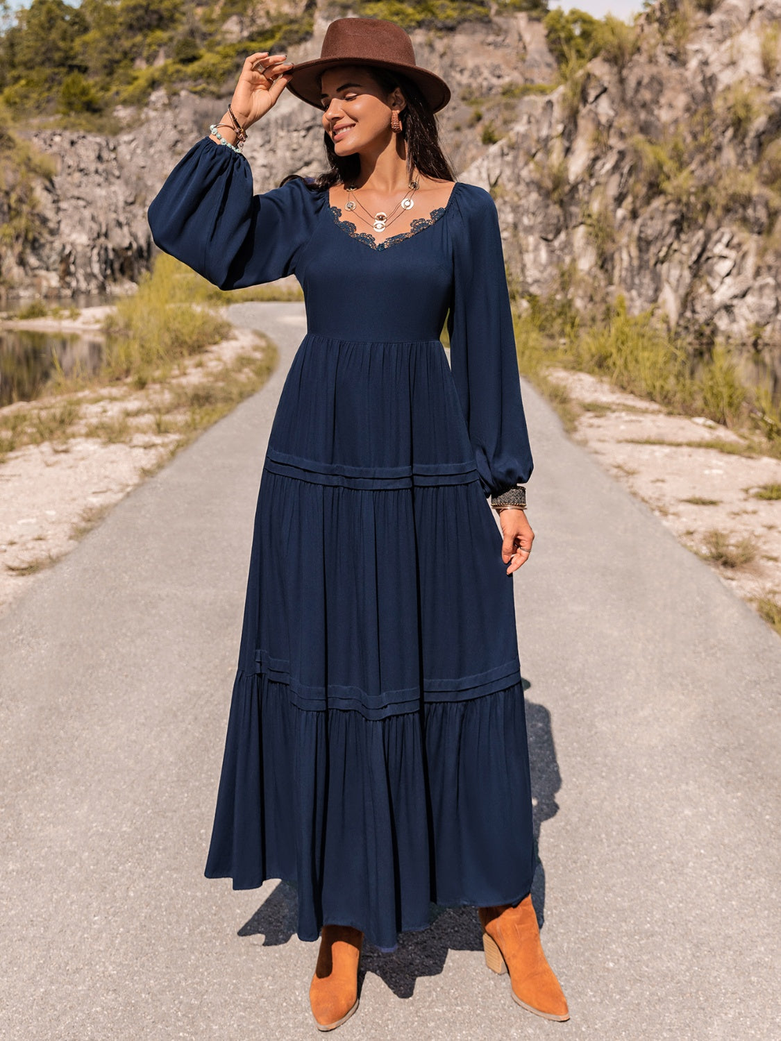 Long Sleeve Lace Trim Maxi Dress - felvior