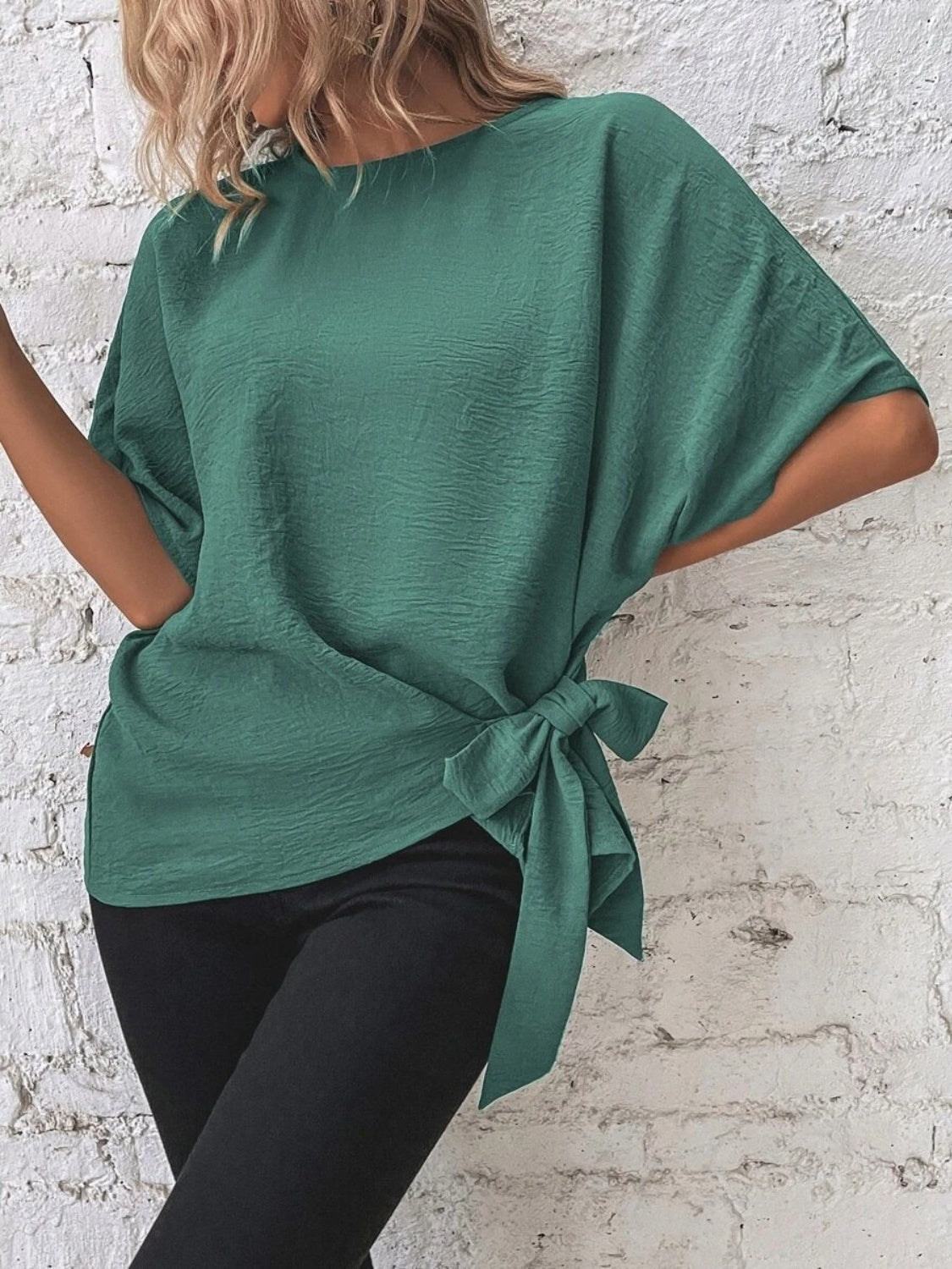 Knotted Round Neck Half Sleeve Blouse - felvior