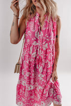 Floral Sleeveless Tasseled Tie Neck Tiered Midi Dress