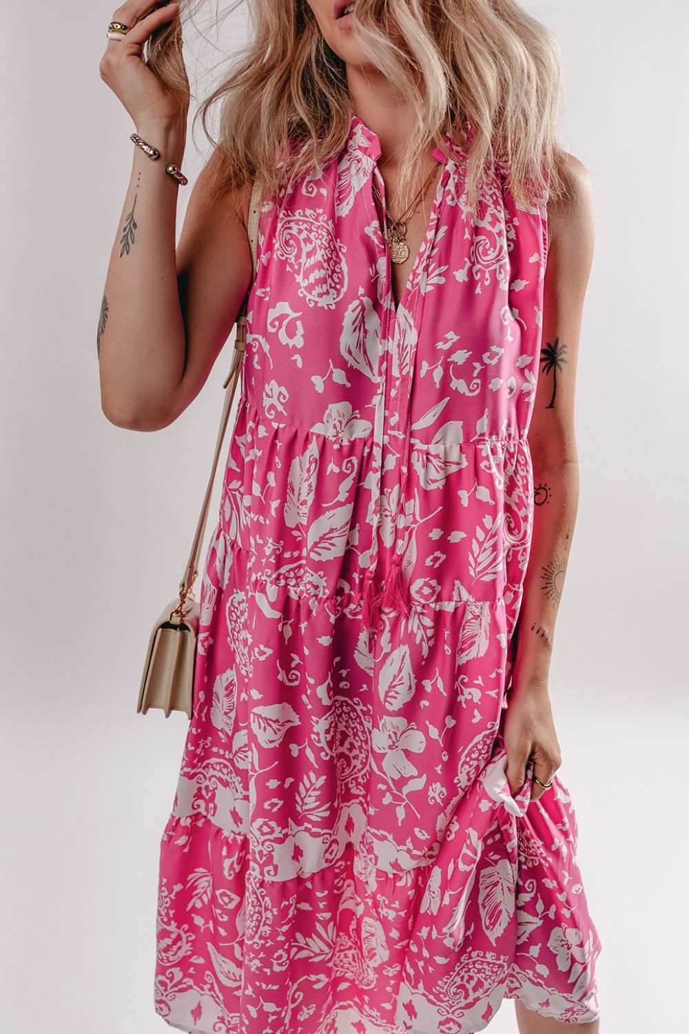 Floral Sleeveless Tasseled Tie Neck Tiered Midi Dress