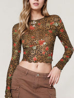 Leopard Floral Round Neck Long Sleeve Mesh T-Shirt