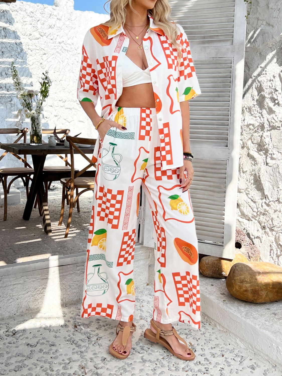 Devine Printed Collared Neck Half Sleeve Top and Pants Set