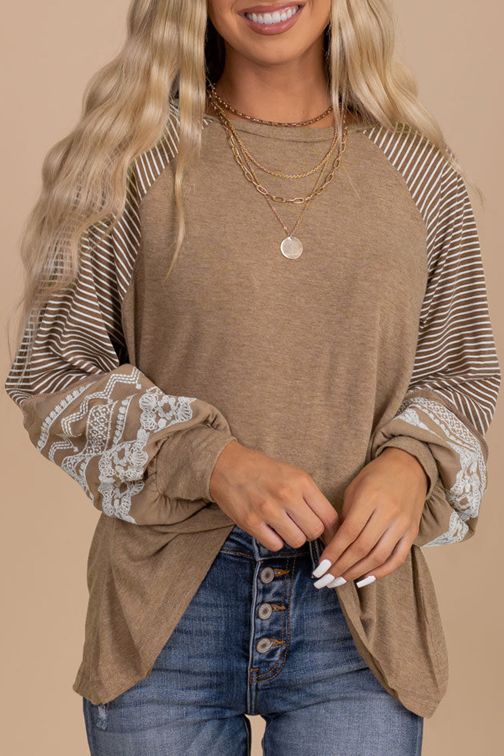 Striped Round Neck Long Sleeve Blouse Image principale du produit