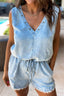 Raw Hem Studded V-Neck Drawstring Sleeveless Denim Romper