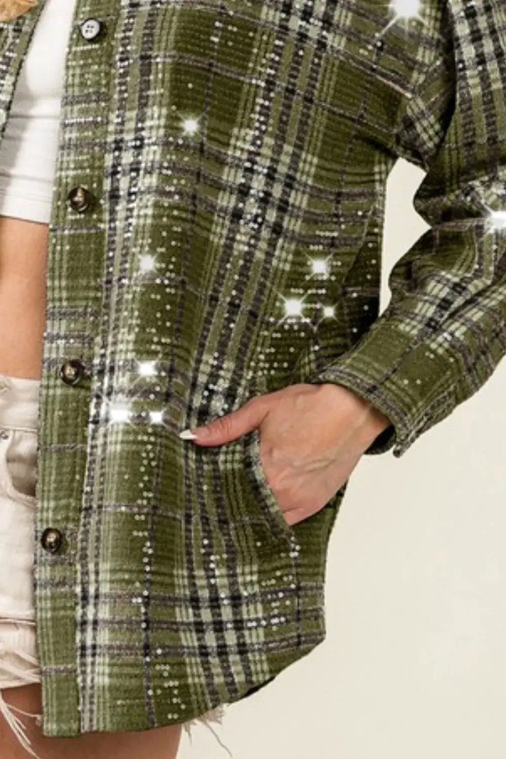 BiBi Allover Clear Sequins Vintage Plaid Jacket