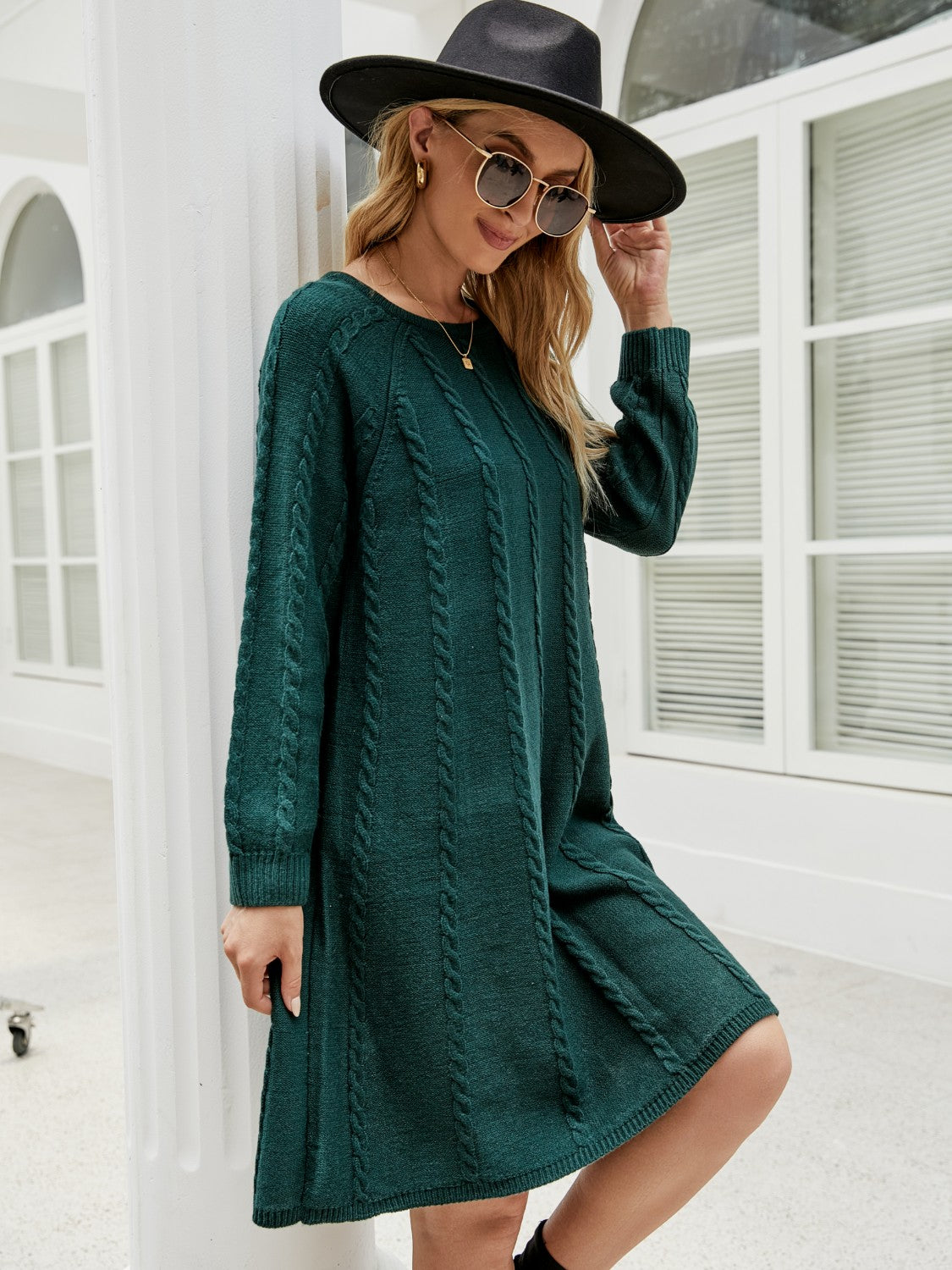 Cable-Knit Long Sleeve Sweater Dress - felvior