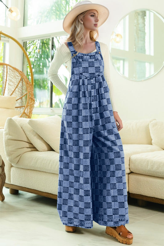 Double Take Checkered Sleeveless Wide Leg Denim Jumpsuit - felvior