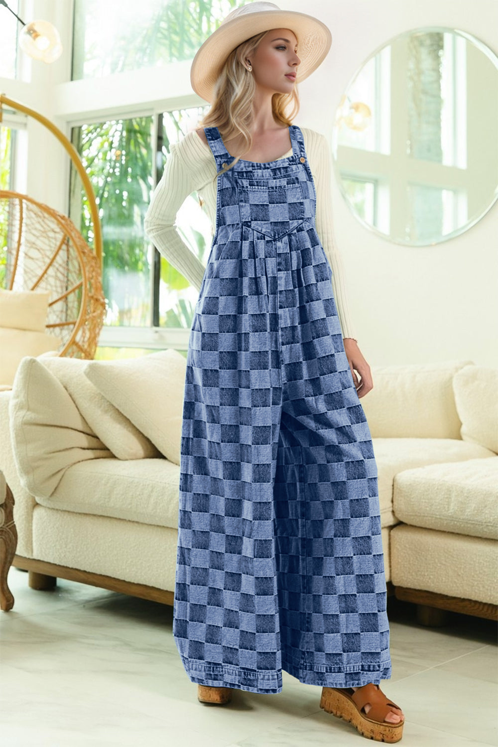 Double Take Checkered Sleeveless Wide Leg Denim Jumpsuit - felvior