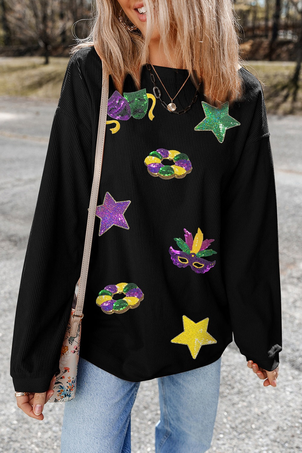 Sequin Round Neck Long Sleeve Sweatshirt - felvior