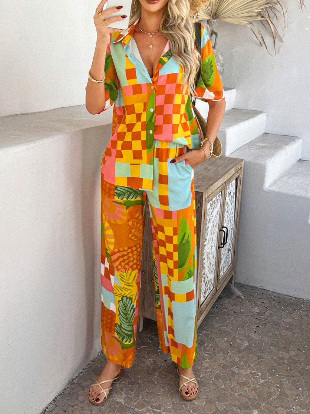 Devine Printed Button Down Shirt and Pants Set