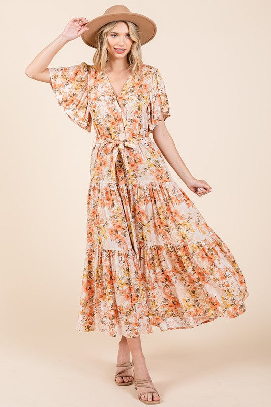 Mittoshop Floral Tie Waist Flutter Sleeve Tiered Dress - felvior