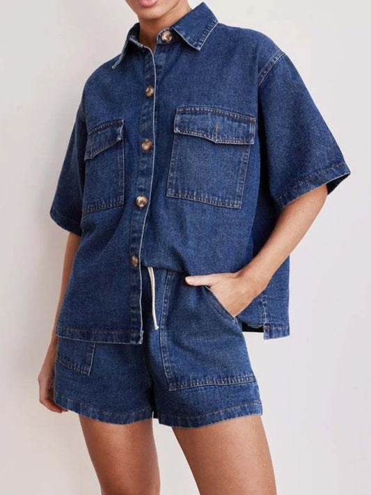 Button Up Short Sleeve Top and Shorts Denim Set - felvior